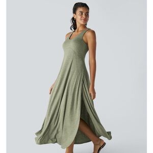 Halara U Neck Backless Split Flowy Maxi Casual Tank Dress Light Green